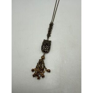 Ali Khan New York Owl Tassel Pendant Necklace Bronze Tone Amber Bead Long Chain